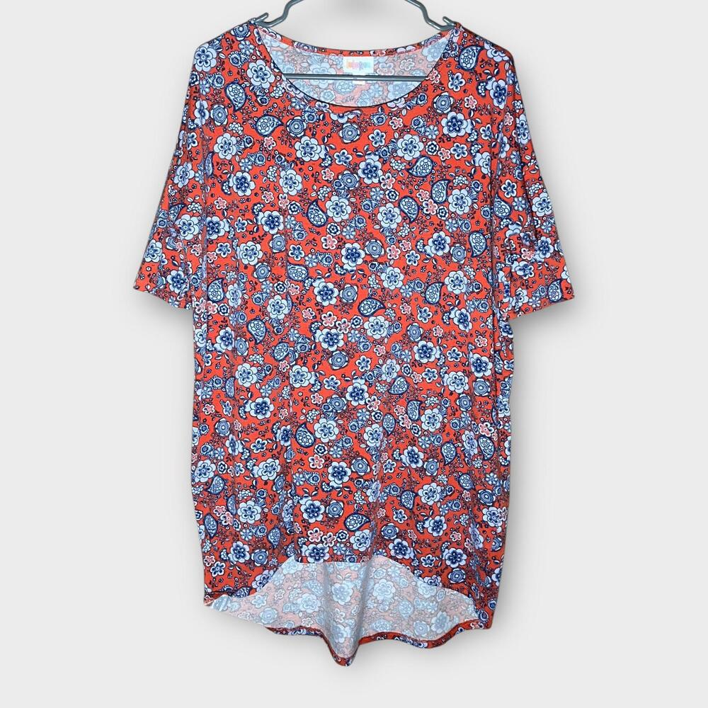 LuLaRoe Irma Tunic Top Floral Paisley Red Short Sleeve Women's Size XS